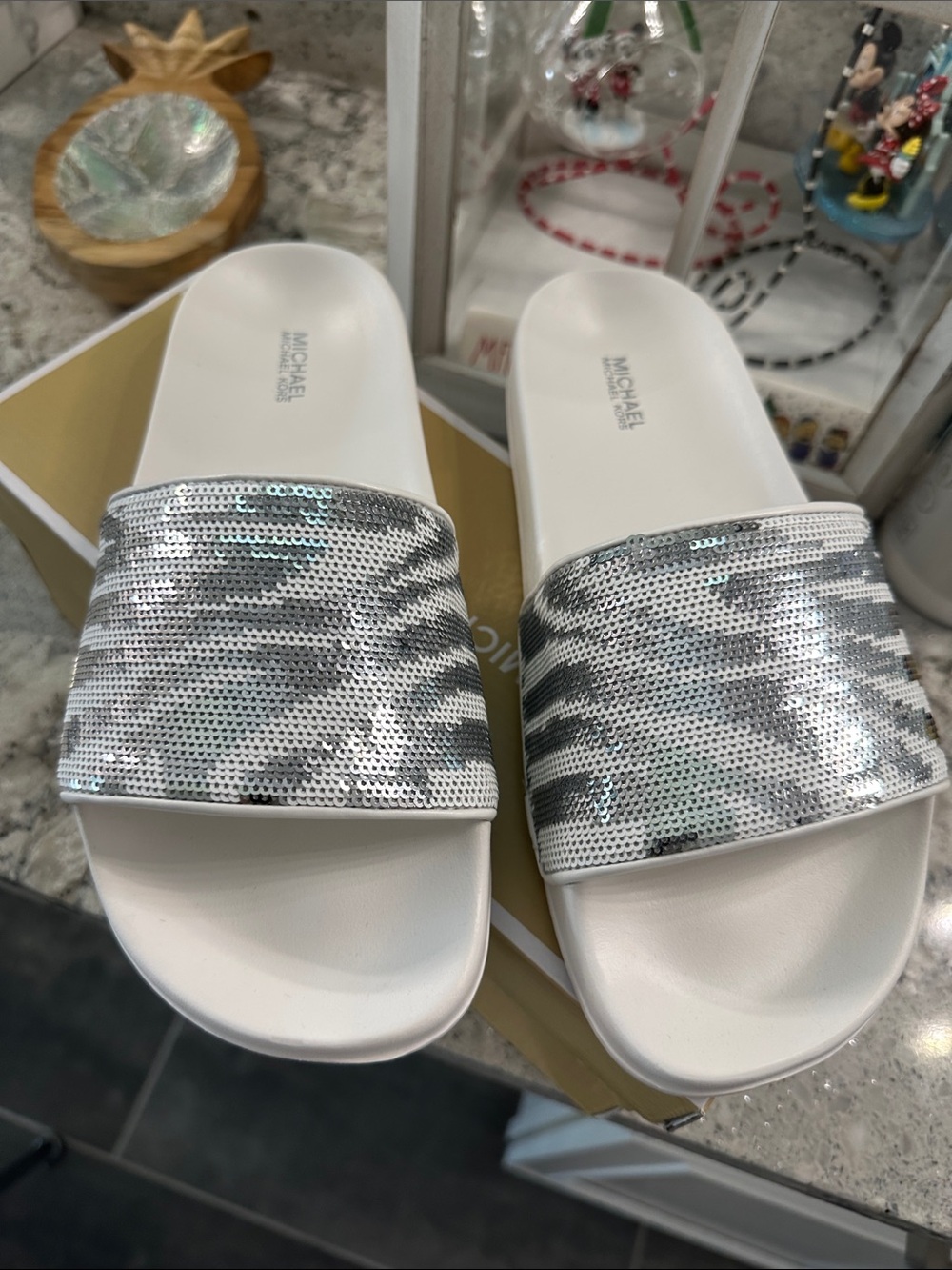 BRAND NEW Michael Kors Women's White Slide Sandals with Silver Sequin Strap